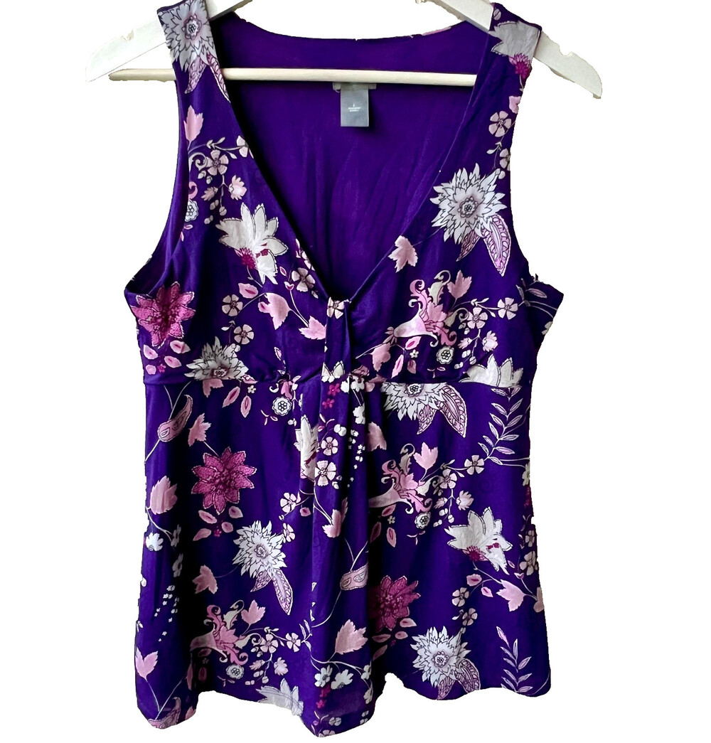 Ann Taylor Women's Size L Tank Top Purple Peplum V-Neck Floral Chintz Peplum